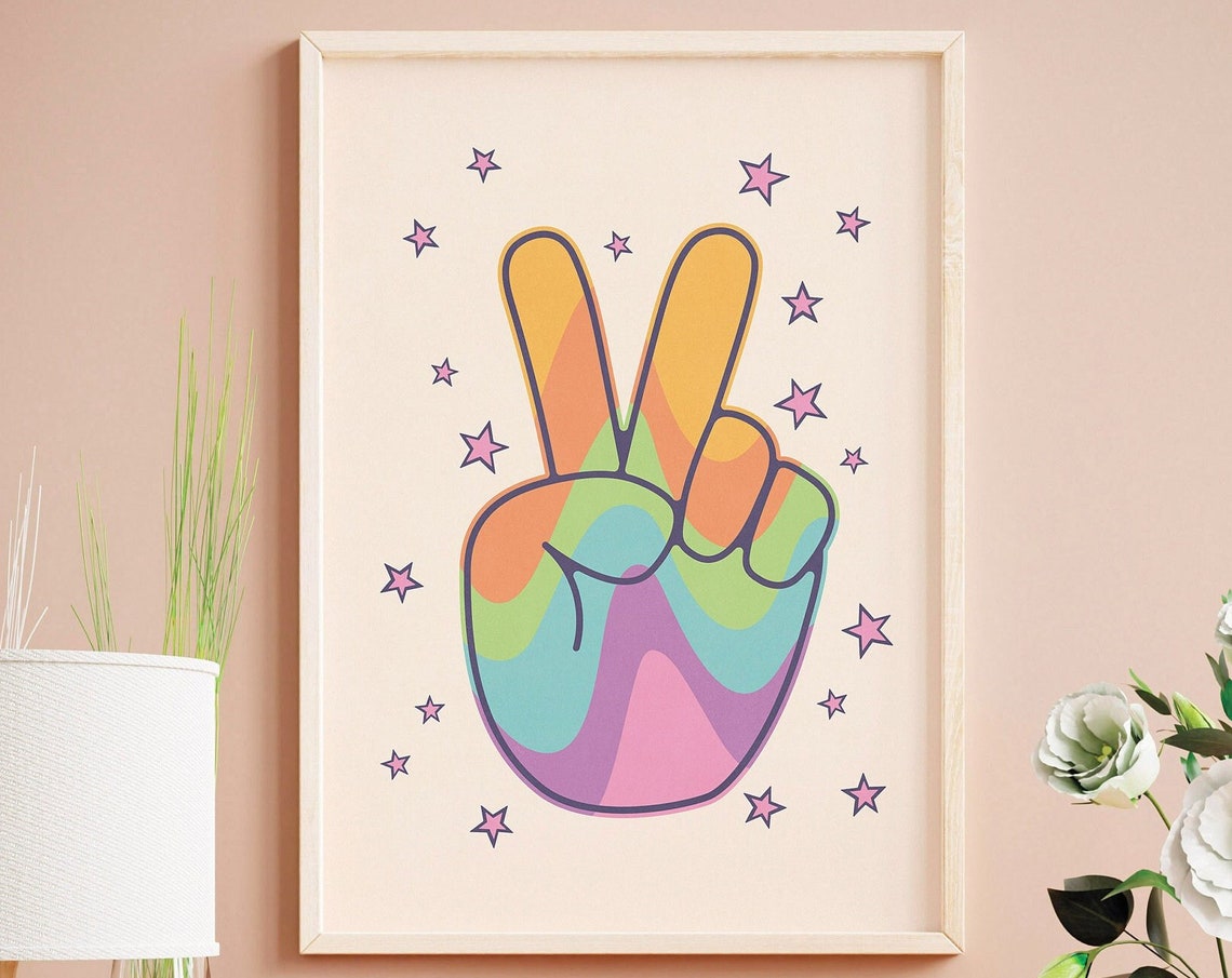 Rainbow Peace Sign Hand with Pink Stars Retro Indie Wall Art - Image 4