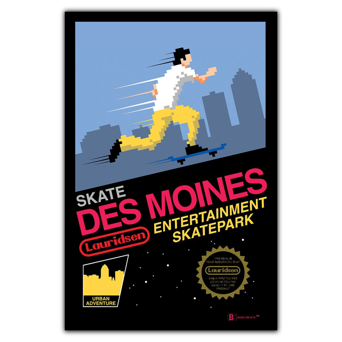 Skate Des Moines Lauridsen Skatepark Retro Pixel Skater Poster