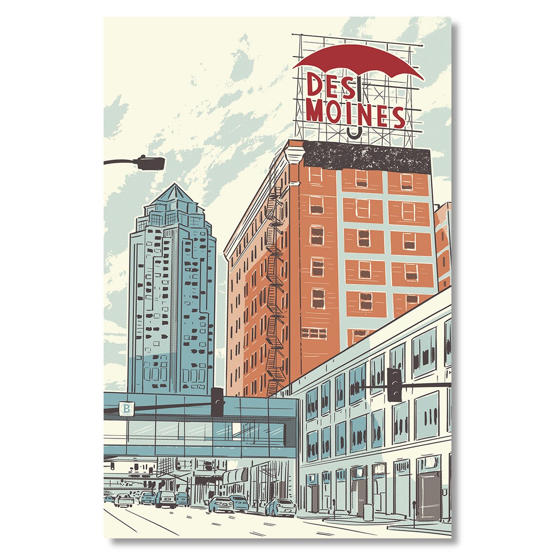 Des Moines Umbrella Travel Poster