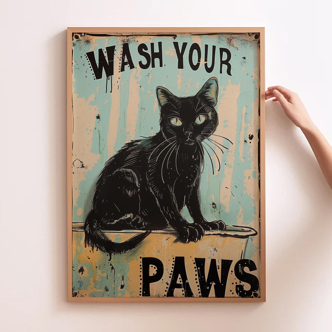 Cat Bathroom Art, Wash Your Paws Funny Print