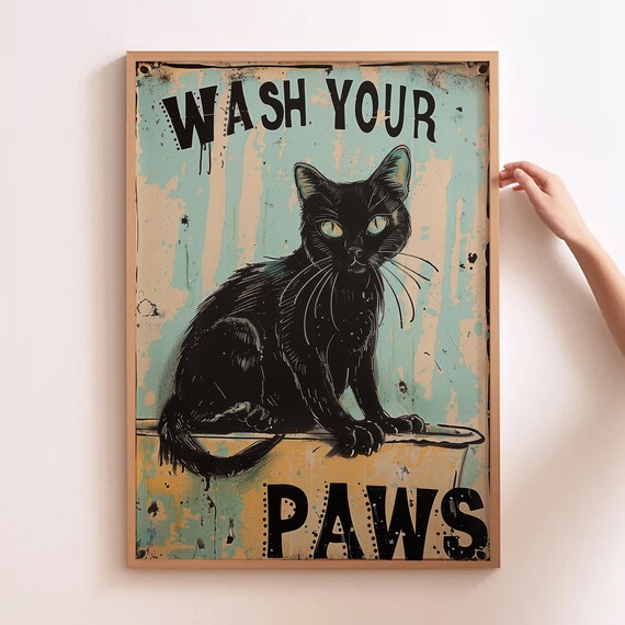 Cat Bathroom Art, Wash Your Paws Funny Print