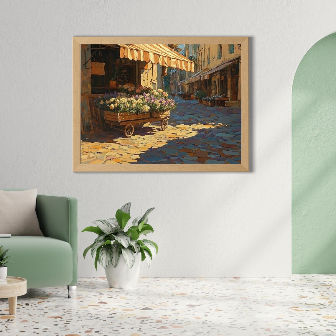 Vintage French Flower Cart Cobblestone Street Market Art Poster - Image 2