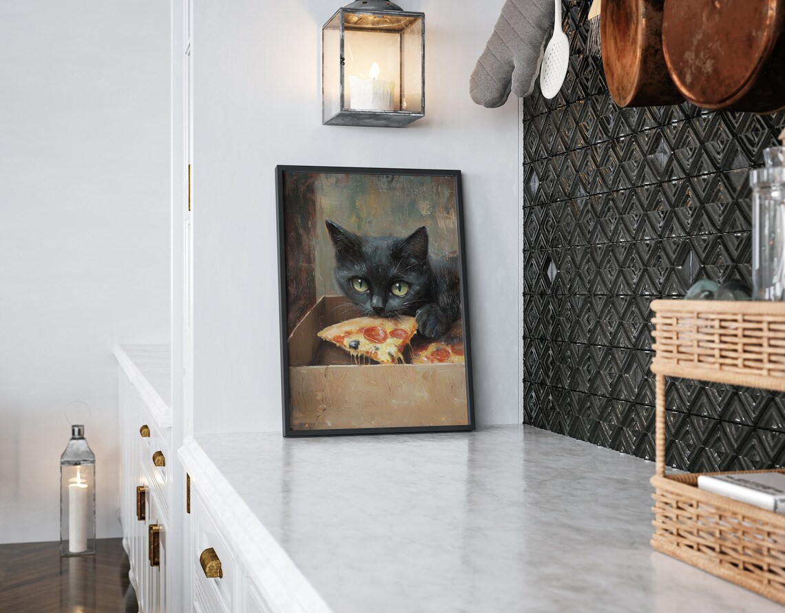 Cute Cat Eating Pizza, Funny Kitchen Art Print - Image 2