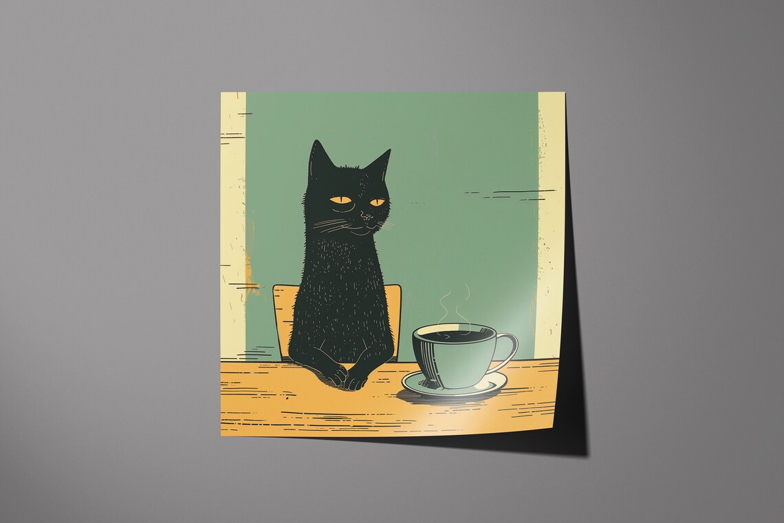 Black Cat Drinking Coffee, Funny Kitchen Wall Art - Image 6