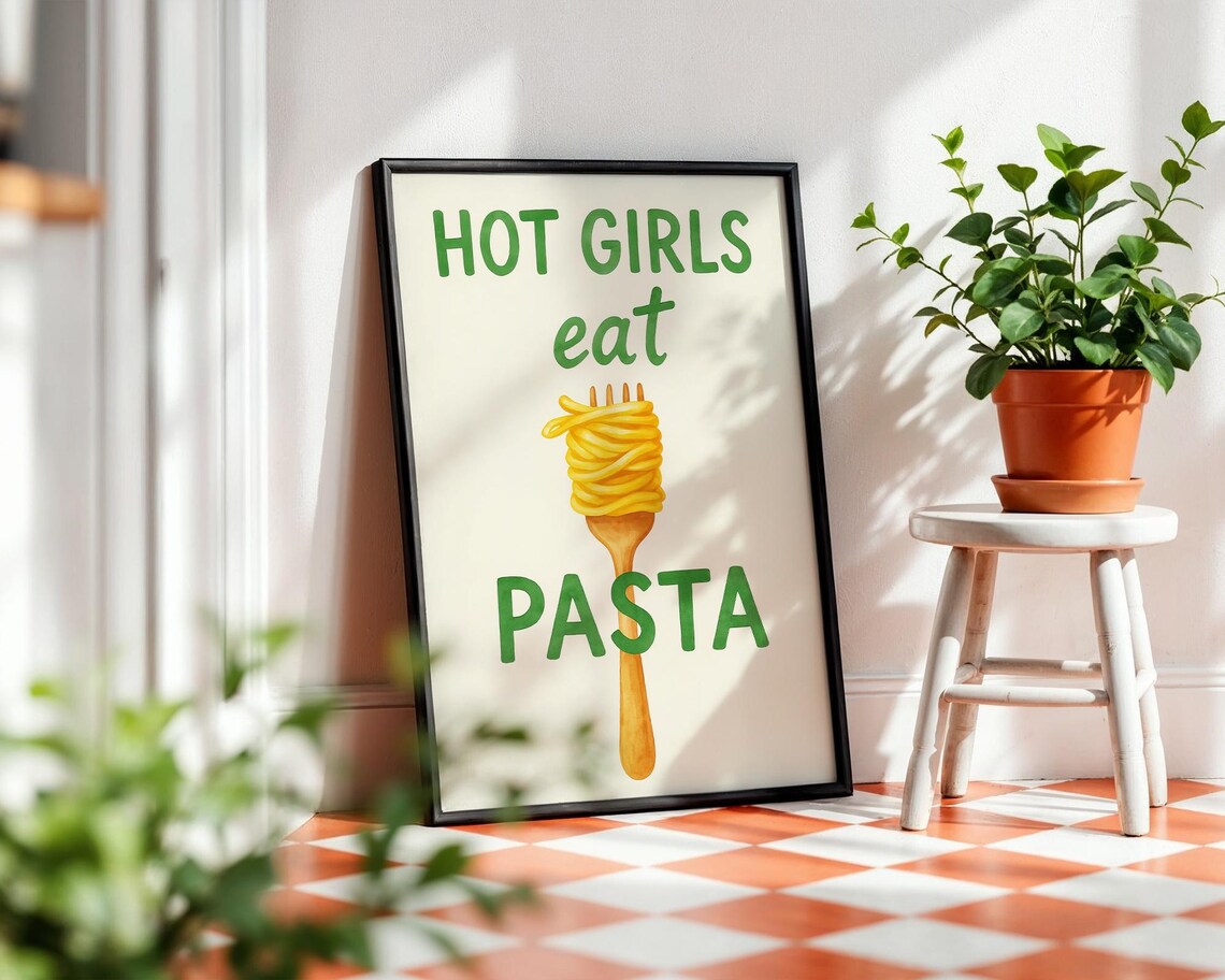 Hot Girls Eat Pasta Watercolor Kitchen Quote - Image 3