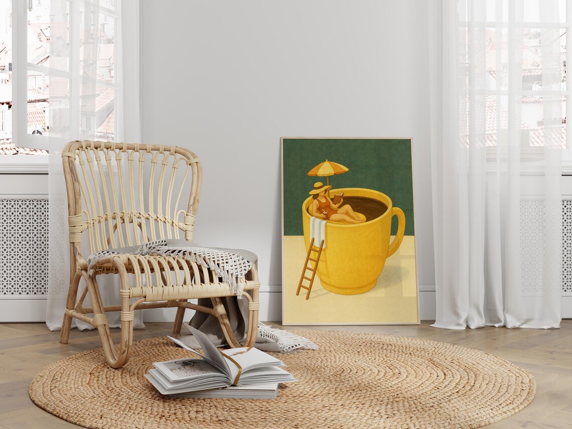Coffee Lover Woman in Coffee Cup, Whimsical Poster - Image 3