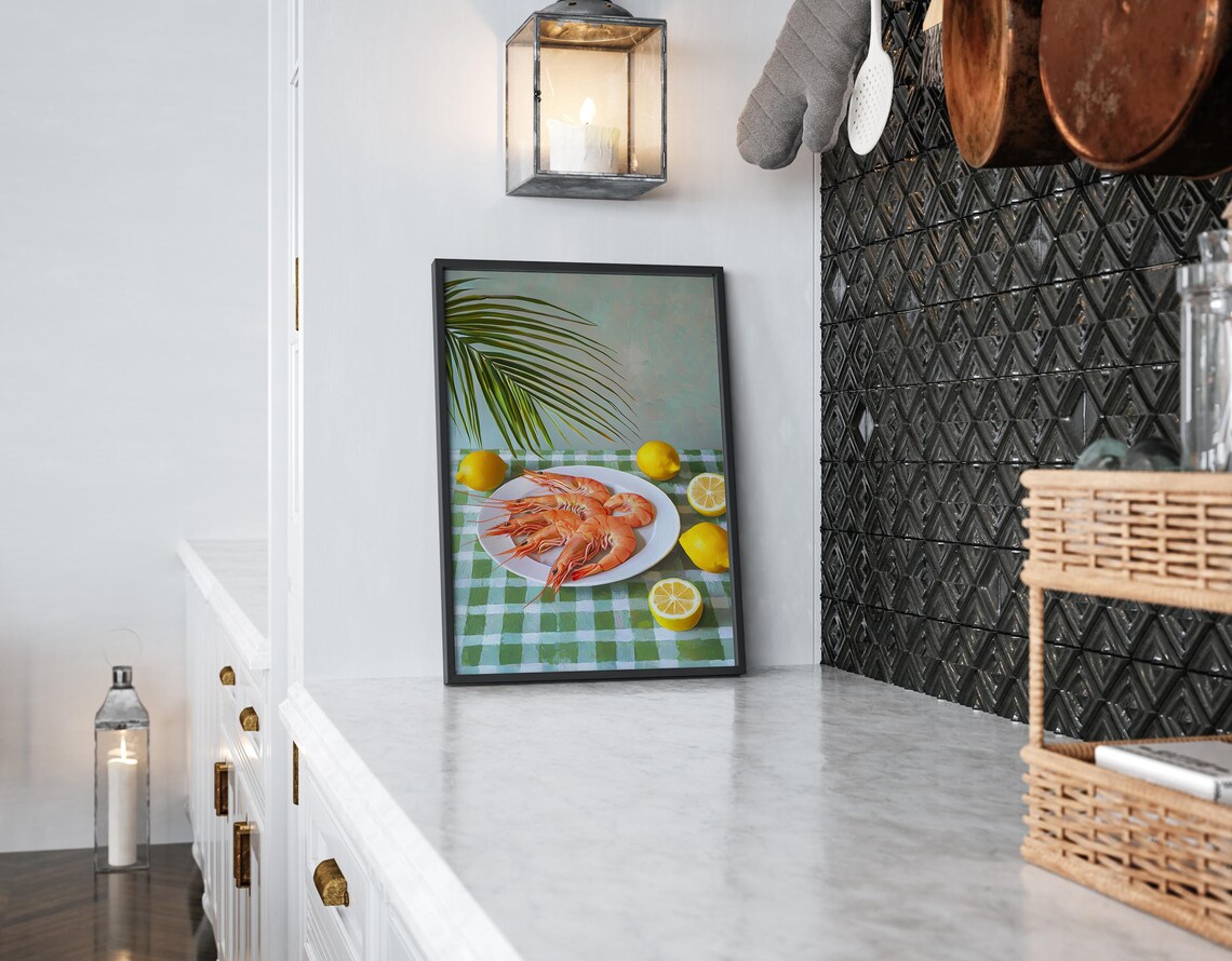 Tropical Shrimp Kitchen Art, Coastal Lemons Decor - Image 6