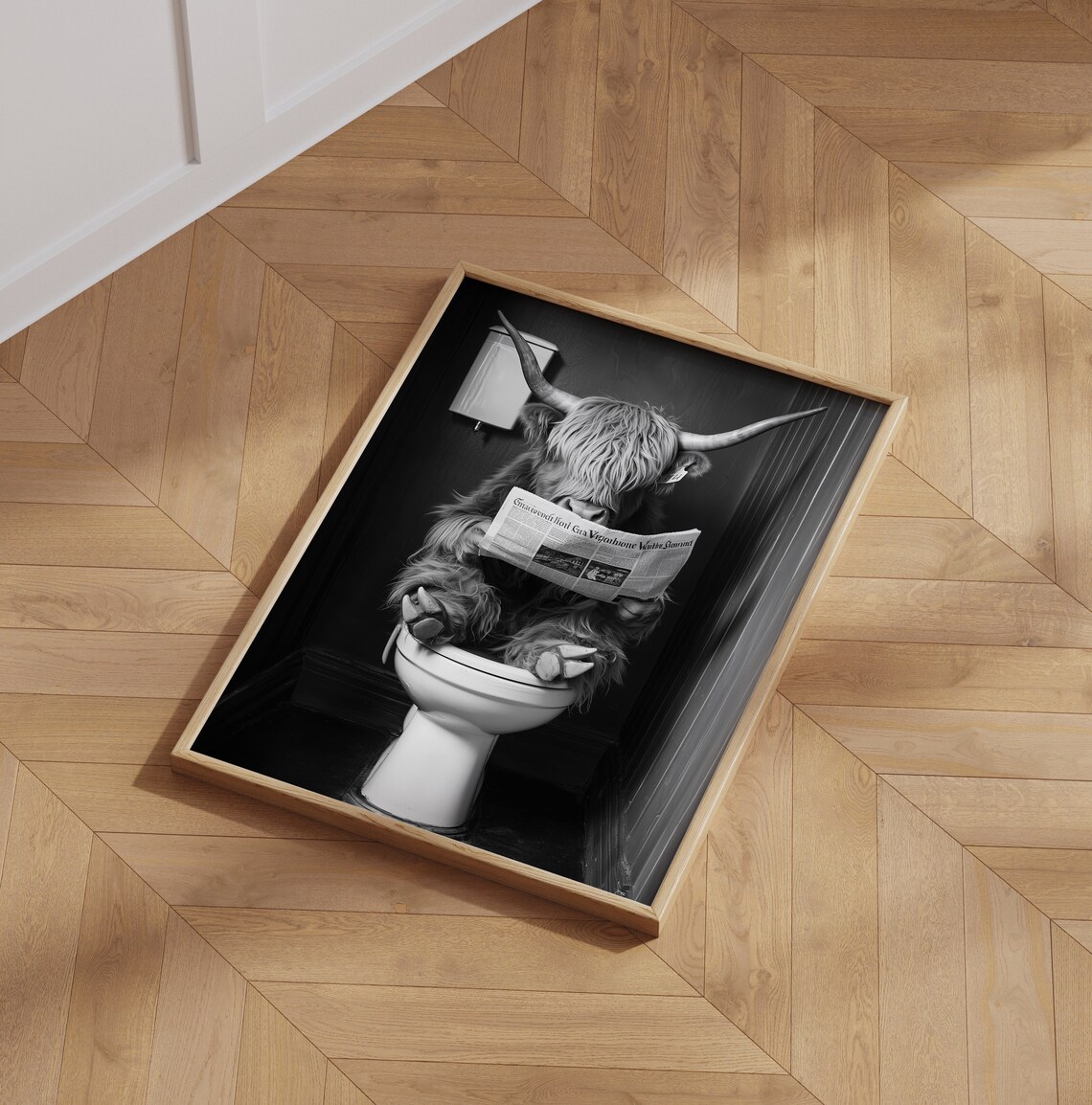 Highland Cow Sitting On The Toilet, Funny Bathroom Wall Art - Image 3