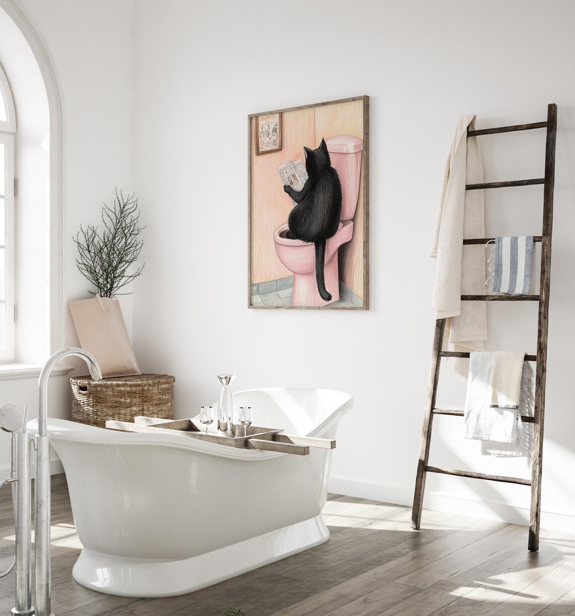Cat Reading A Newspaper, Funny Bathroom Art Print - Image 4