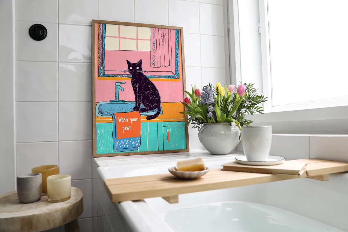 Wash Your Paws Funny Cat Poster, Bathroom Decor - Image 3