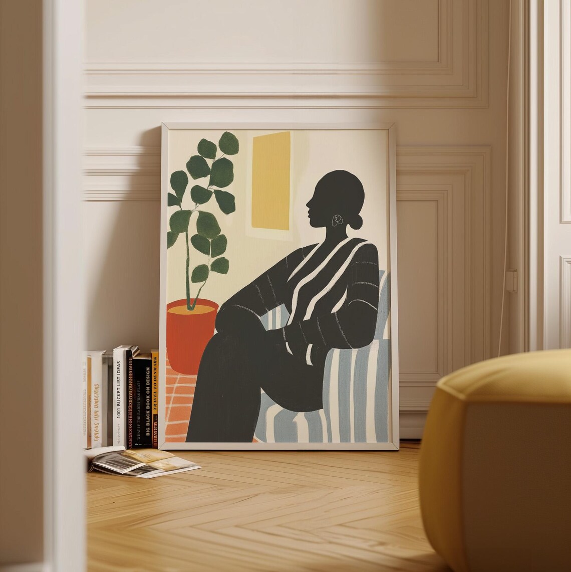 Black Silhouette Woman Profile Striped Chair Plant Modern Art Poster - Image 2
