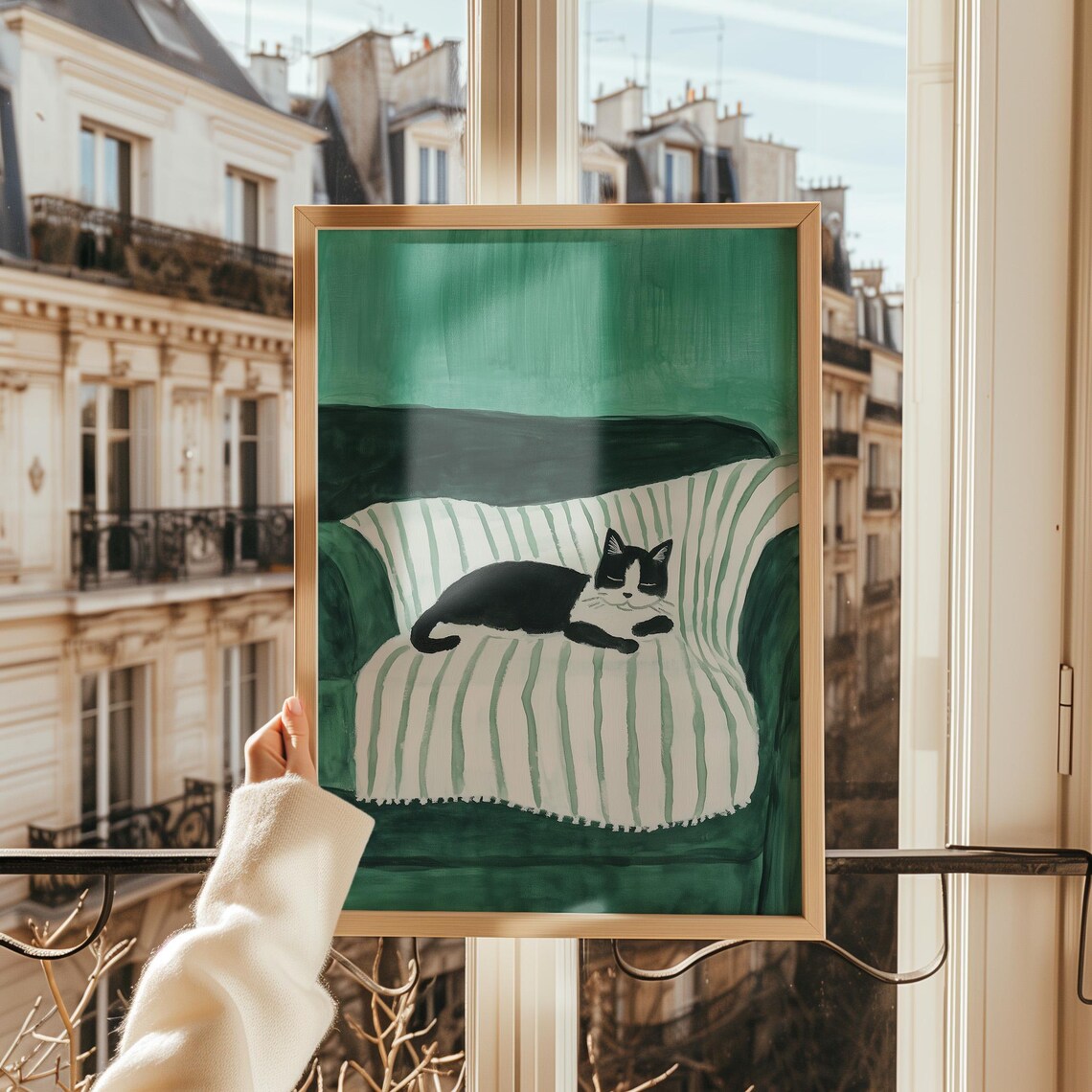 Black White Cat Sleeping On Striped Blanket Cozy Green Poster - Image 4