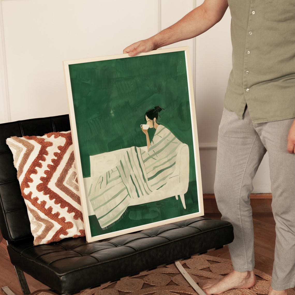 Minimalist Woman Wrapped In A Striped Blanket Drinking Coffee Print - Image 4