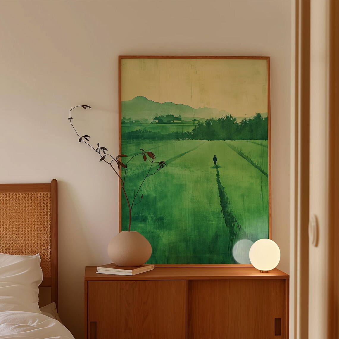 Minimalist Green Field, Lone Figure Meadow Landscape - Image 4