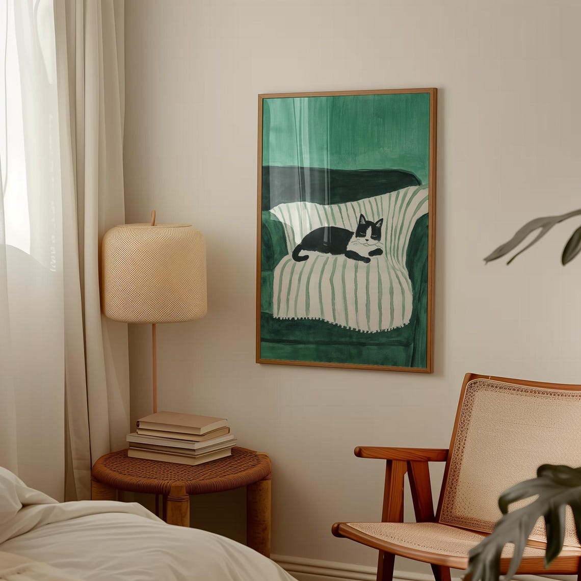 Black White Cat Sleeping On Striped Blanket Cozy Green Poster - Image 2