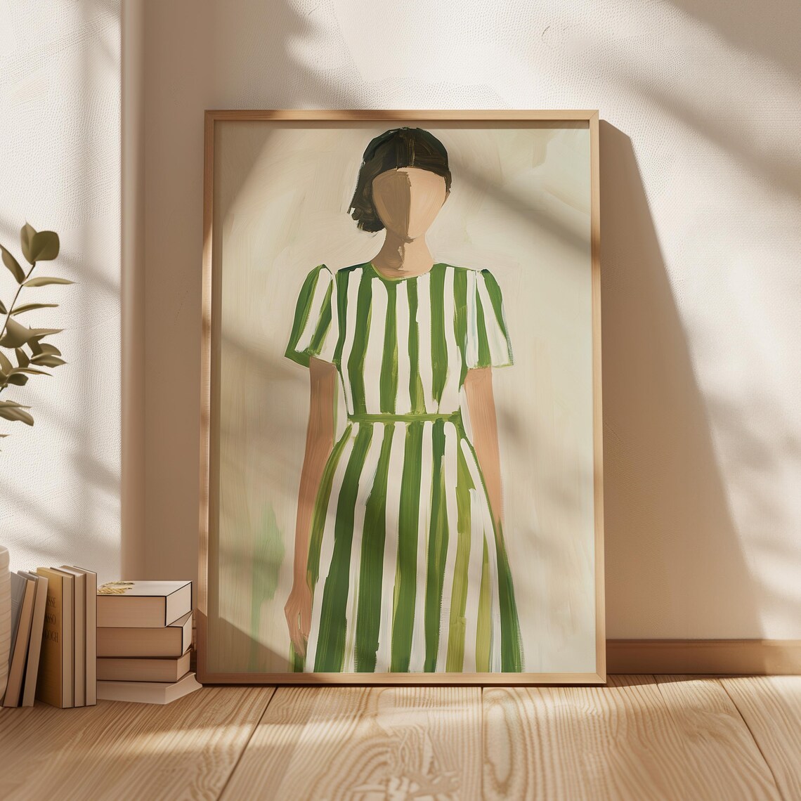 Faceless Woman in a Green Striped Dress on a Neutral Ground Poster