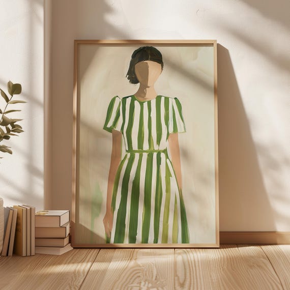 Minimalist Faceless Portrait Green Striped Dress Painting Abstract Figure Wall Decor Modern Print Contemporary Fashion Illustration