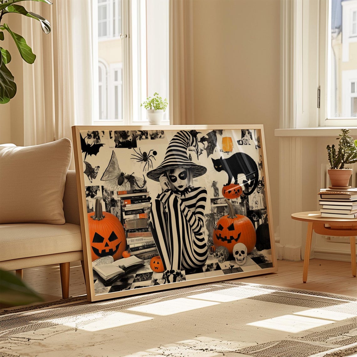 Striped Witch With Jack O Lanterns Halloween Collage Art Poster - Image 2