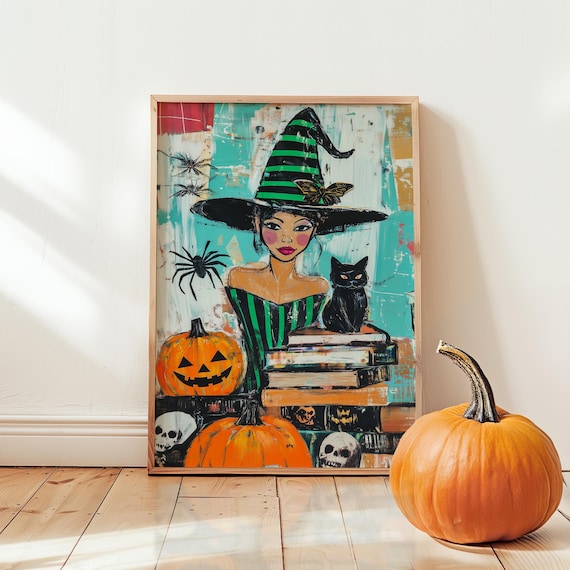 Halloween Witch Portrait Black Cat Pumpkins Skulls Spell Books Spooky Art Poster