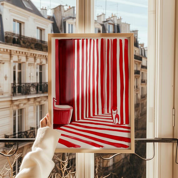 Red Striped Room Art Print Minimalist Cat Illustration Modern Abstract Wall Art Bold Graphic Poster Contemporary Home Decor