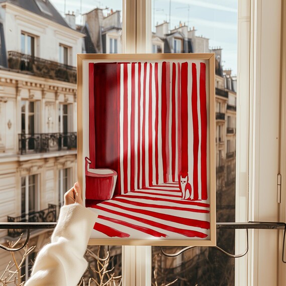 Tiny Red Cat In Striped Red Corridor Whimsical Optical Wall Art