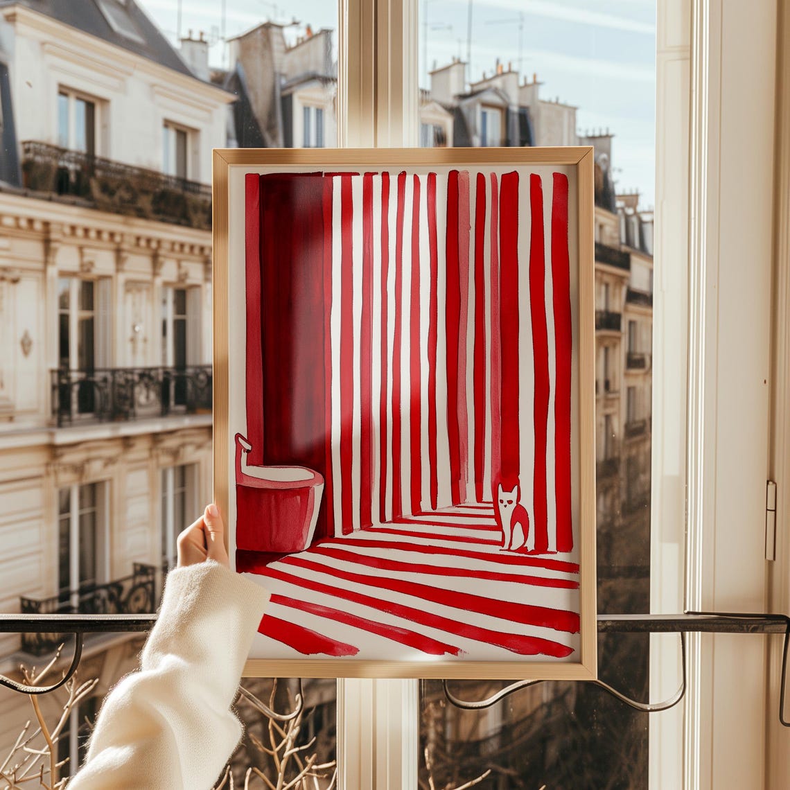 Tiny Red Cat In Striped Red Corridor Whimsical Optical Wall Art