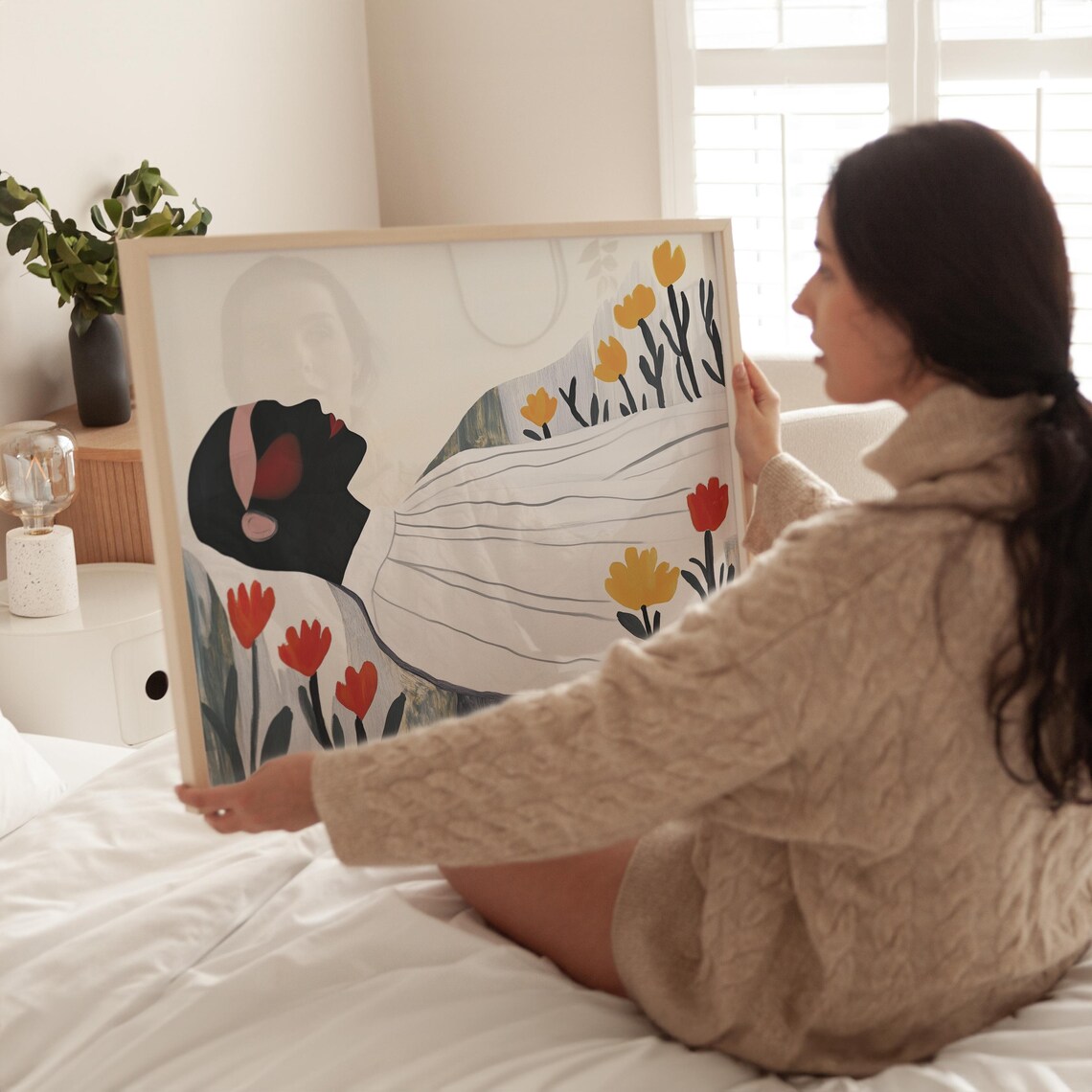 Reclining Woman in White Drapery with Red Yellow Tulips Poster - Image 4