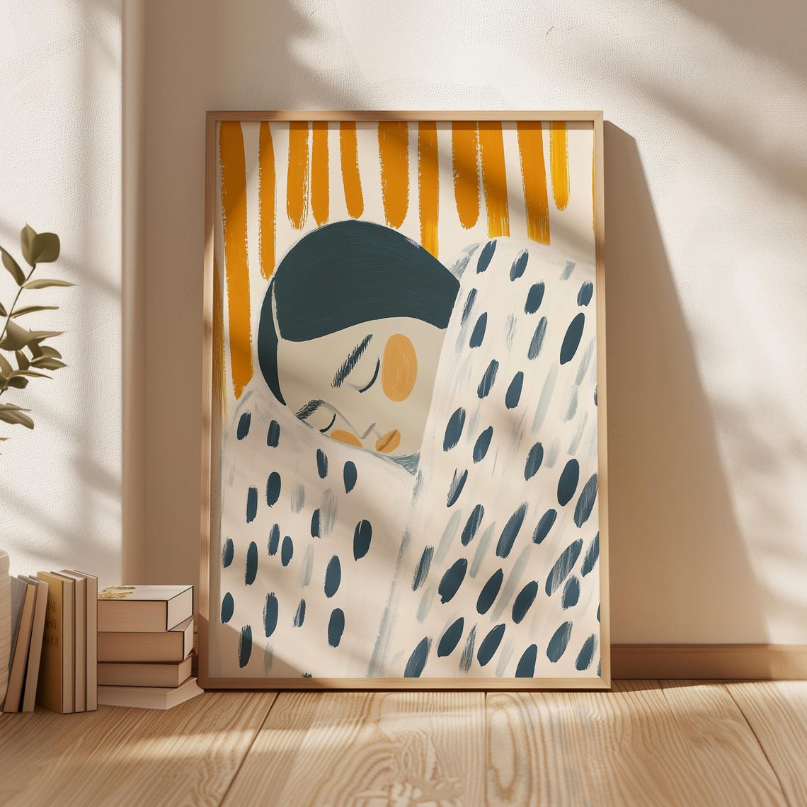 Sleeping Woman Wrapped In Dotted Blanket Under Orange Rays Poster