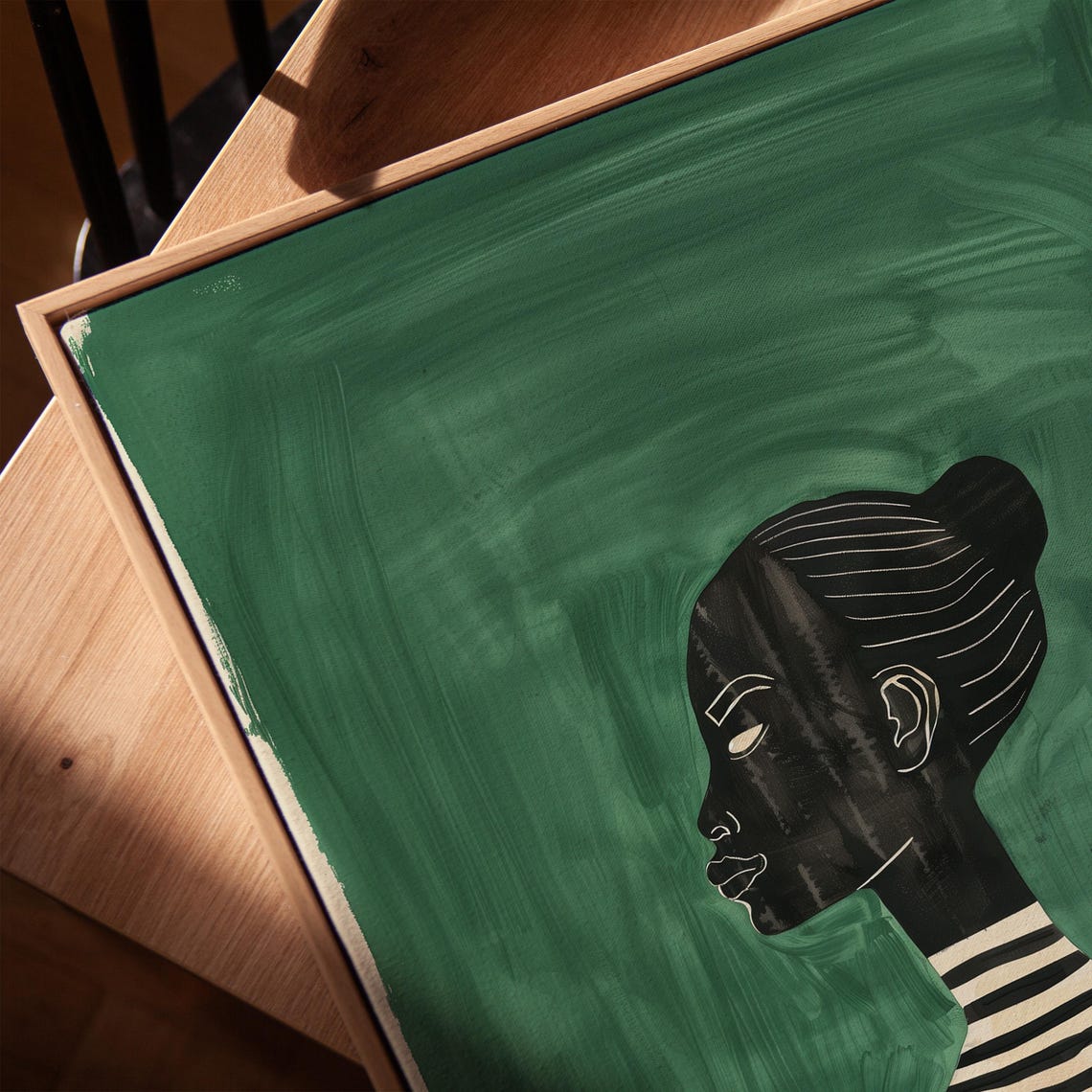 Green Abstract Woman Profile Striped Vase Silhouette Art Poster - Image 4