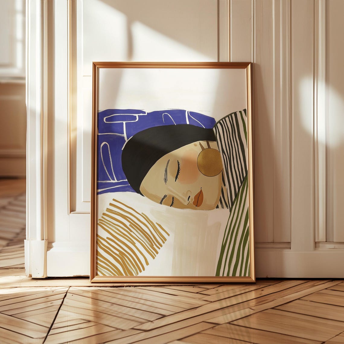 Modern Abstract Portrait Print Sleeping Woman Wall Art Minimalist Home Decor Bold Blue And Gold Accents Art