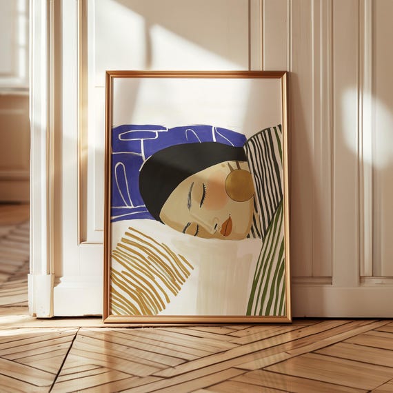 Modern Abstract Portrait Print Sleeping Woman Wall Art Minimalist Home Decor Bold Blue And Gold Accents Art