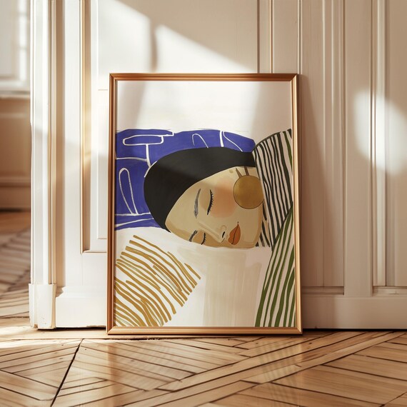 Sleeping Woman Portrait With Blue Pillow And Gold Accents Art Poster