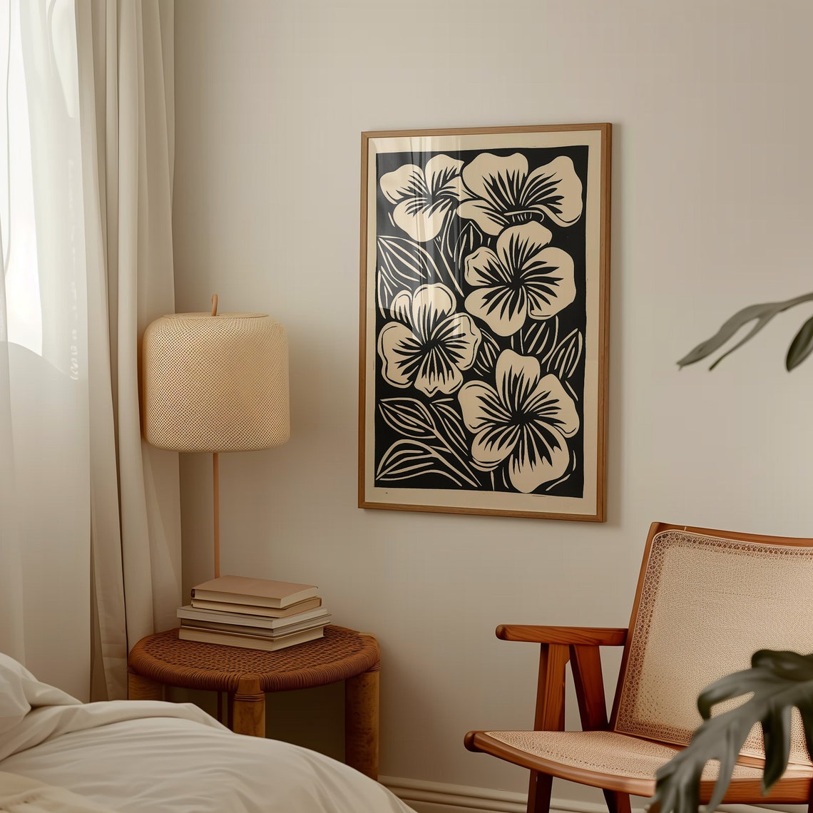 Black And White Hibiscus Linocut Botanical Floral Ink Poster - Image 2