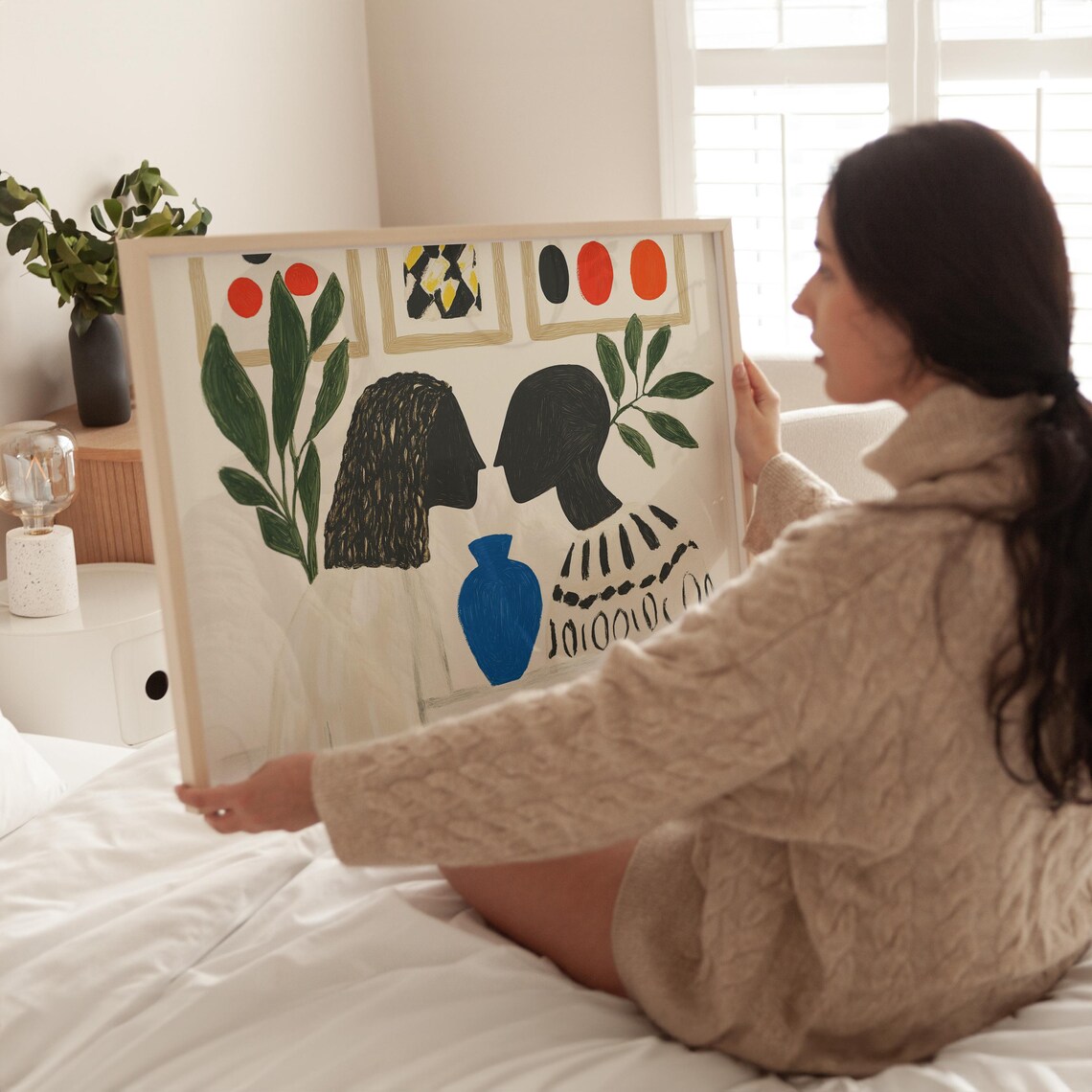 Two Women Silhouettes Facing Each Other Blue Vase Botanical Poster - Image 2