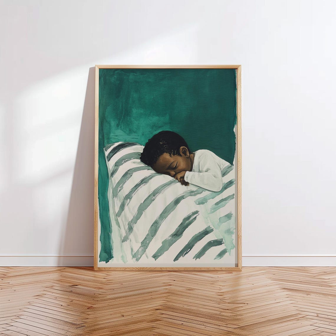 Peaceful Sleeping Child Striped Blanket Teal Nursery Wall Art