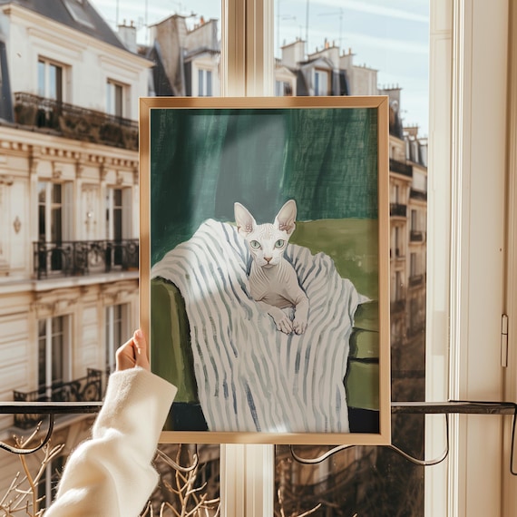 Sphynx Cat Oil Painting White Cat on Striped Blanket Green Art Poster