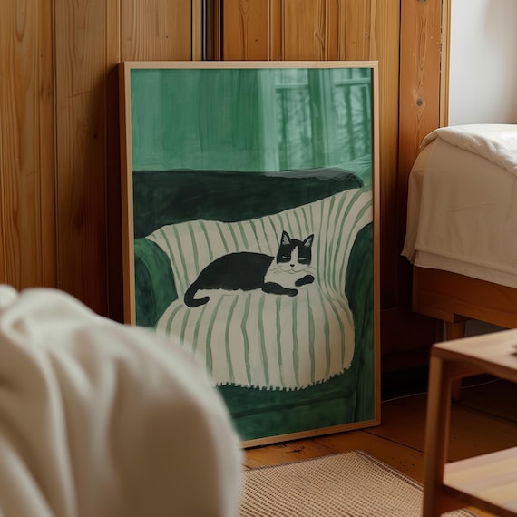 Black White Cat Sleeping On Striped Blanket Cozy Green Poster
