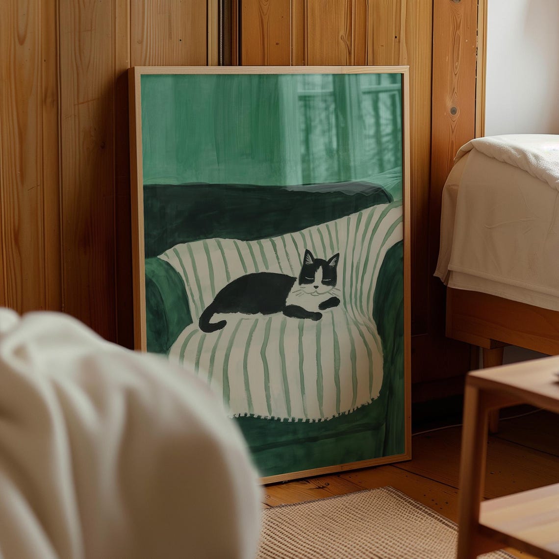 Black White Cat Sleeping On Striped Blanket Cozy Green Poster