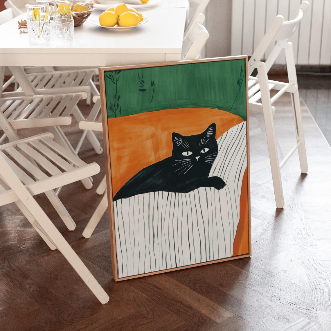 Black Cat Lounging Striped Sofa Bold Orange Green Modern Pet Art Poster - Image 3