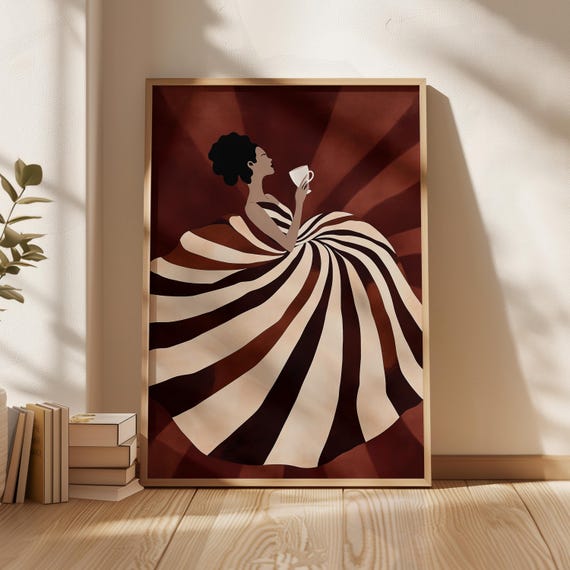 Elegant Woman Sipping Coffee Art Print Chocolate And Cream Striped Dress Modern Figurative Wall Art Rich Warm Toned Decor Print