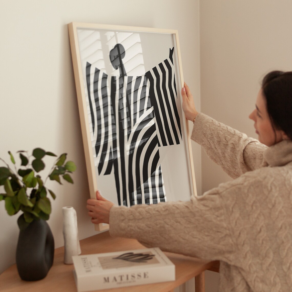Black and White Abstract Woman With Flowing Striped Lines Poster - Image 3