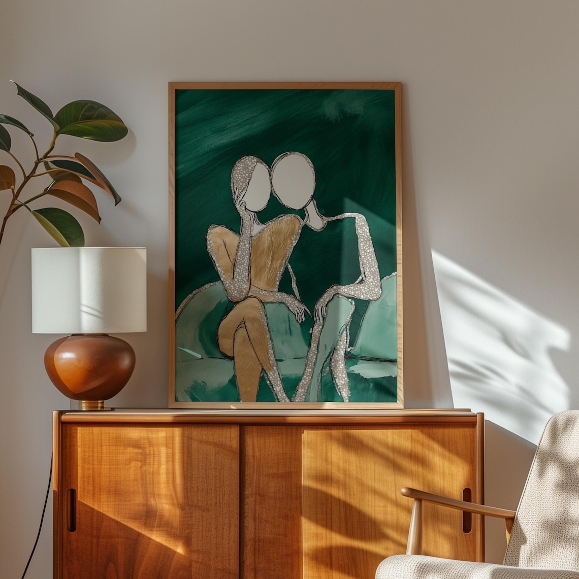 Two Figures Leaning Together on a Green Sofa in Gold Tones Poster - Image 2