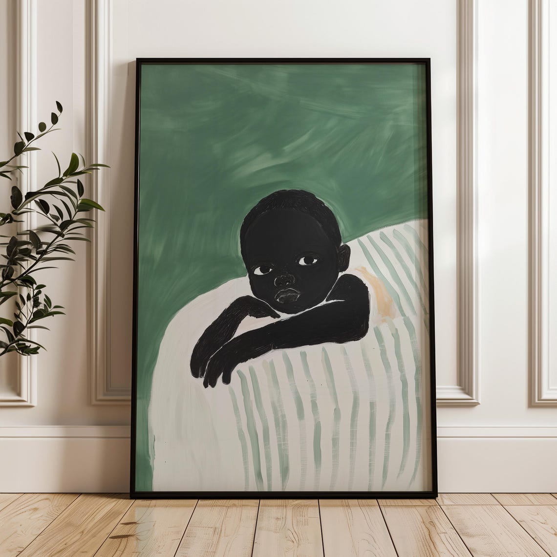 Abstract Child Resting Striped Cushion Green Painterly Art Poster
