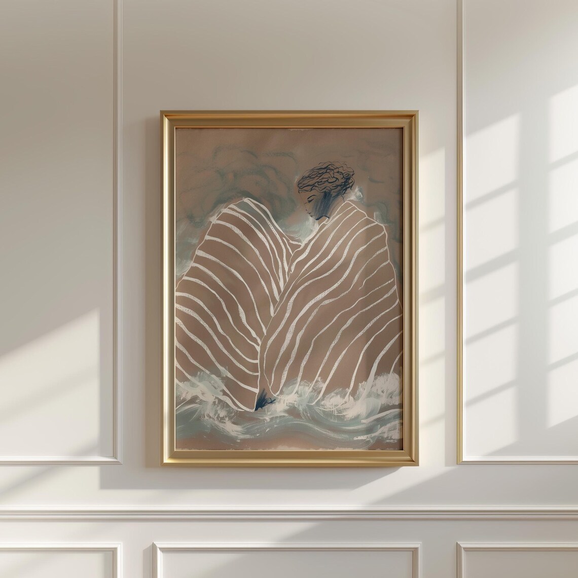 Abstract Woman in Striped Blanket Minimalist Art Print