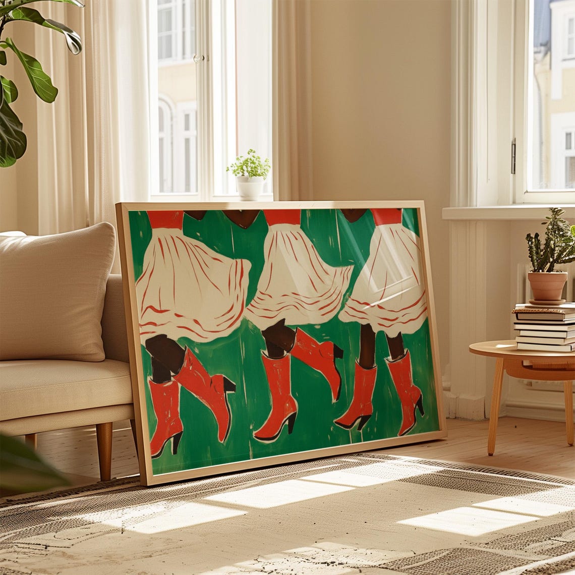 Line Dancing Trio Red Boots White Skirts Green Background Party Poster