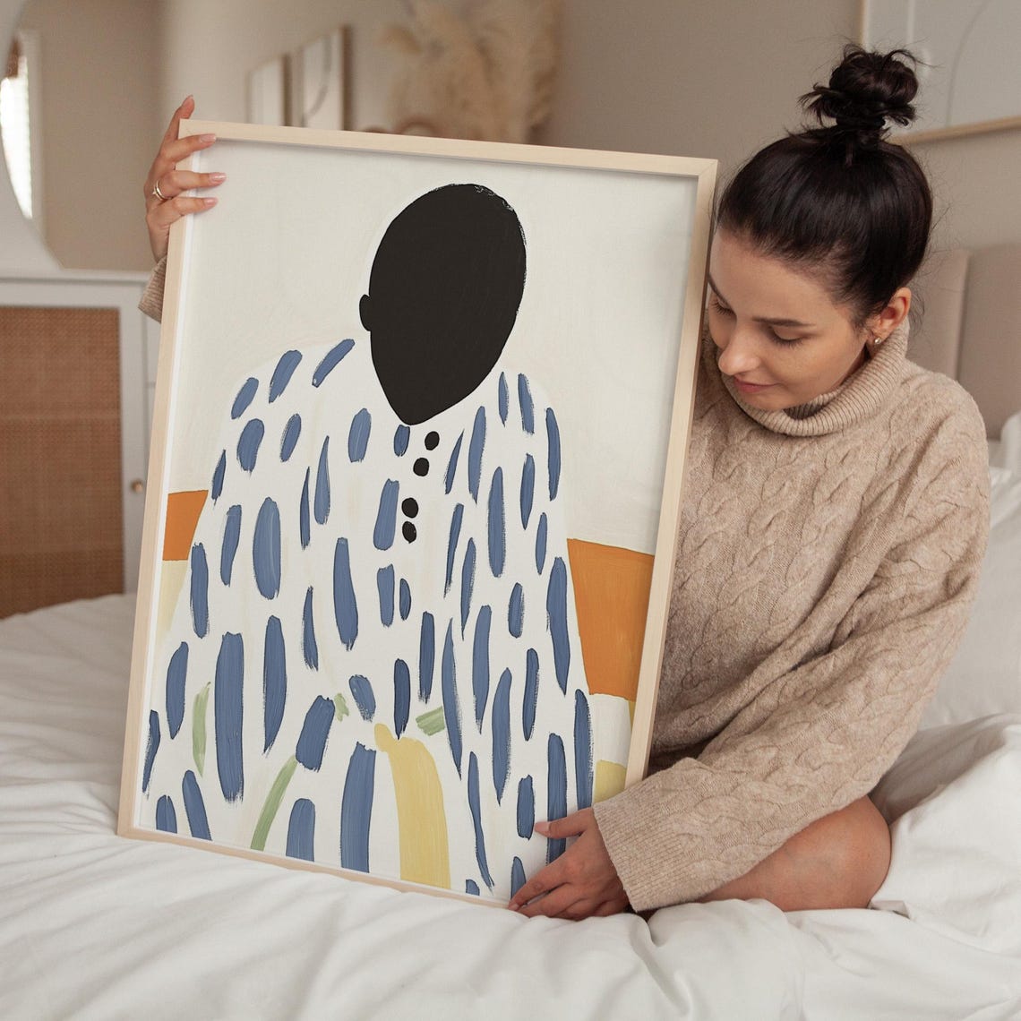 Minimalist Abstract Portrait Wall Art Blue And White Illustration Modern Faceless Figure Print Neutral Decor With Warm Tones - Image 5