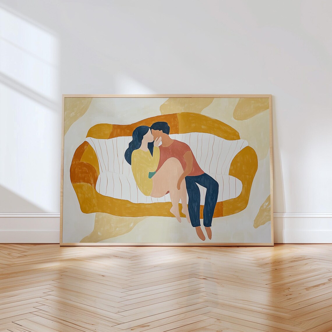 Romantic Couple Cuddling Striped Couch Warm Abstract Love Poster
