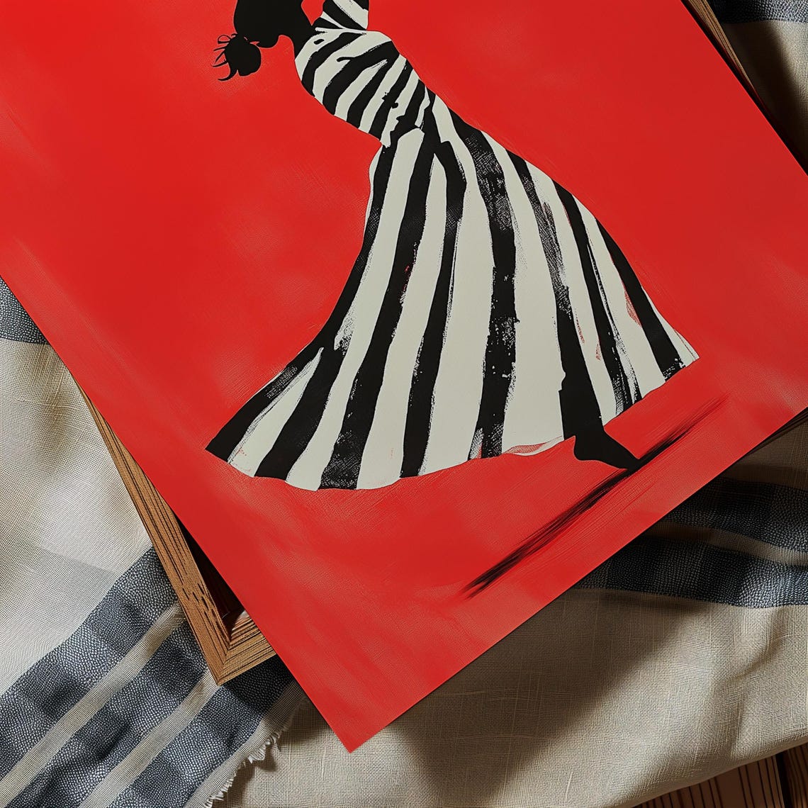 Dancing Woman Striped Dress Red Background Joyful Movement Art Poster - Image 2