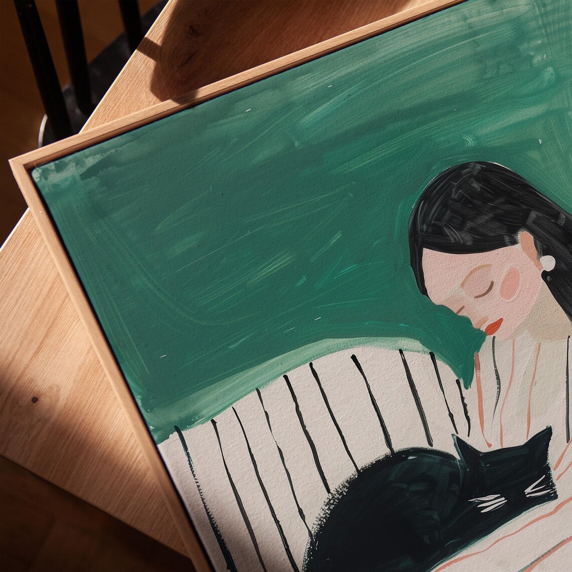 Woman Cuddling Black Cat Striped Robe Emerald Green Cat Lover Art Poster - Image 2