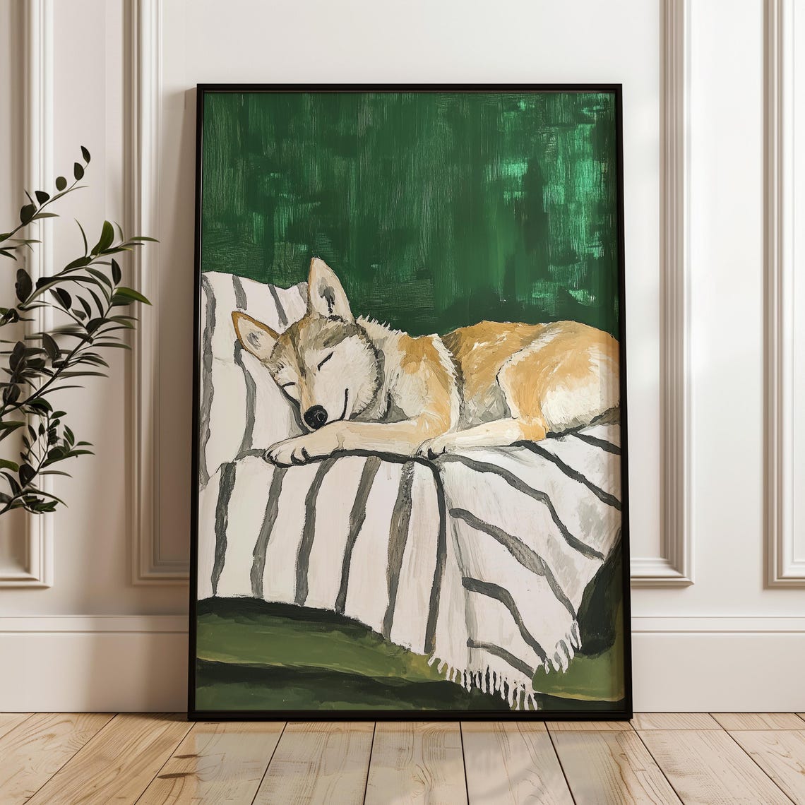Sleeping Husky Dog Curled On A Striped Blanket In Deep Green Print